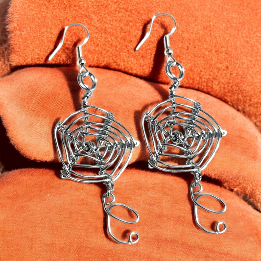 Silver Whimsy Spider Web Earrings with Personalized Initial – Custom Halloween Jewelry