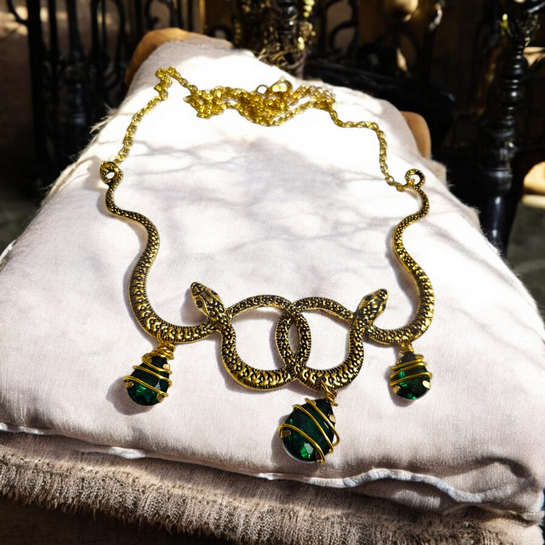 Emerald Basilisks Gothic Necklace - Serpent Alternative Jewelry, Reptile Mysterious Accessories