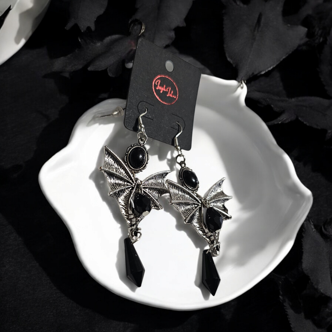 Black Bat Woman Earrings - Grunge Alternative Jewelry, Skull Gothic Ear Accessories