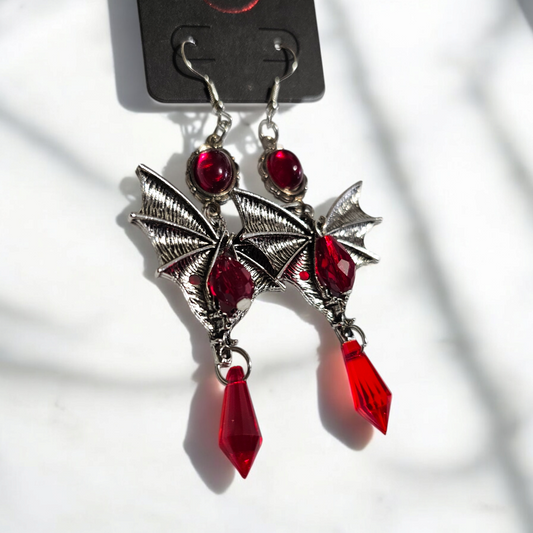 Red Bat Woman Earrings - Grunge Alternative Jewelry, Skull Gothic Ear Accessories