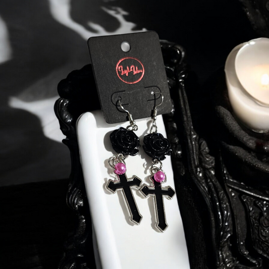 Bed of Roses Earrings - Grunge Cross Jewelry, Witchy Gothic Ear Accessories