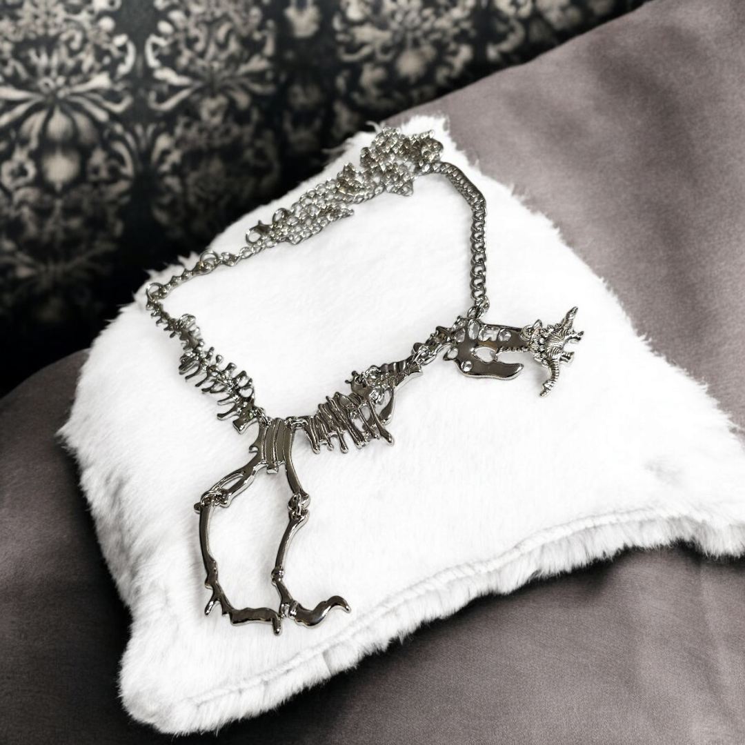 Silver Fabulous Fossils Alternative Necklace - Chomping Dinosaur Skeleton Jewelry, Grunge Edge Accessories