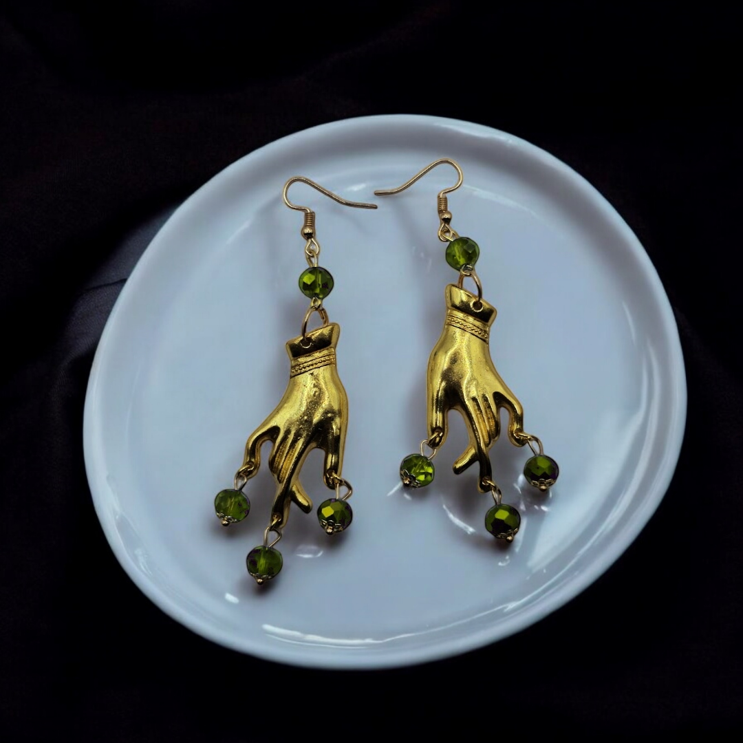 Gold Plated Green Gem Gypsy Whimsical Earrings - Gothic Halloween Jewelry, Grunge Witchy Ear Accessories