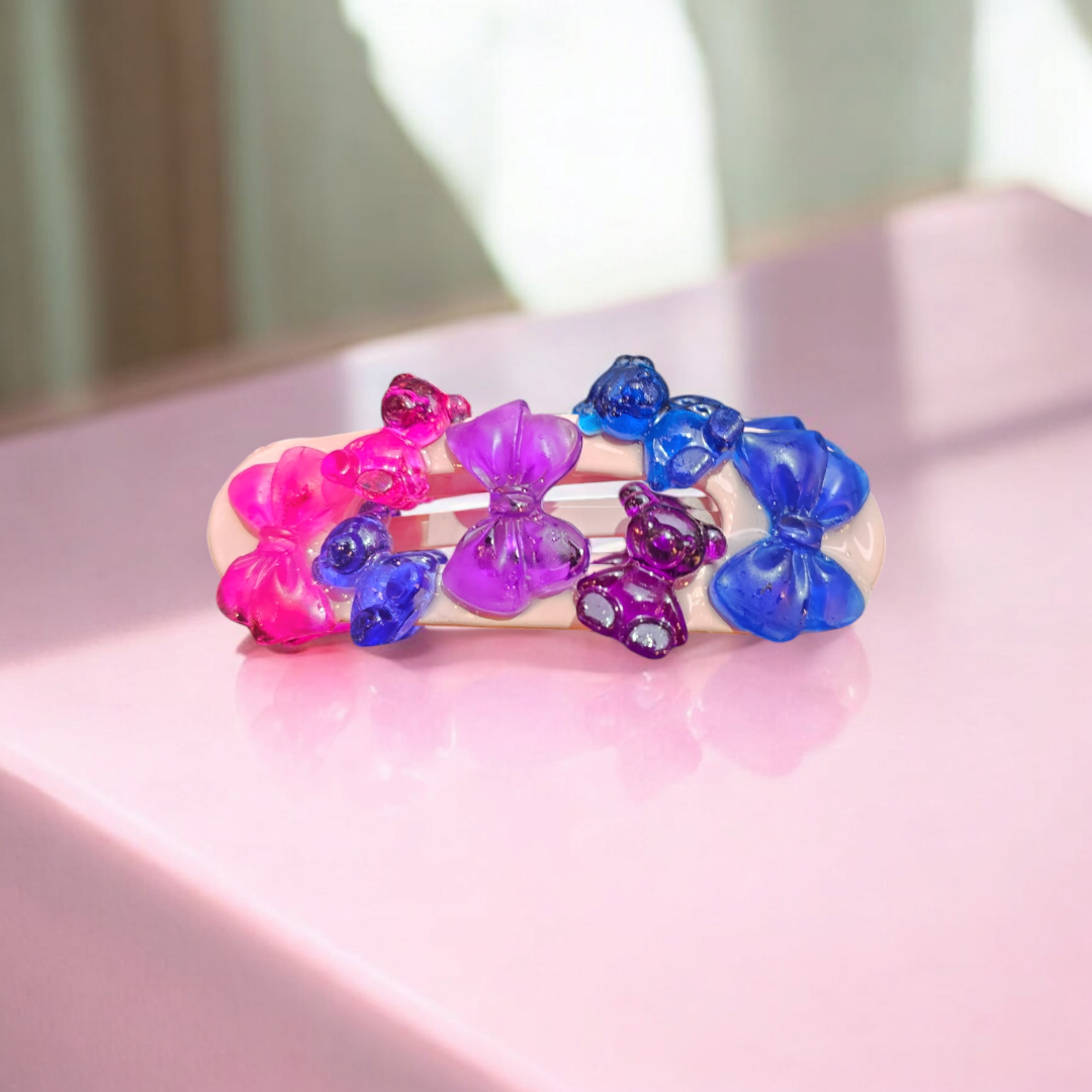 Girlie Delight Hairclip - Colourful Bow Barette, Quirky Bear Head Clasp