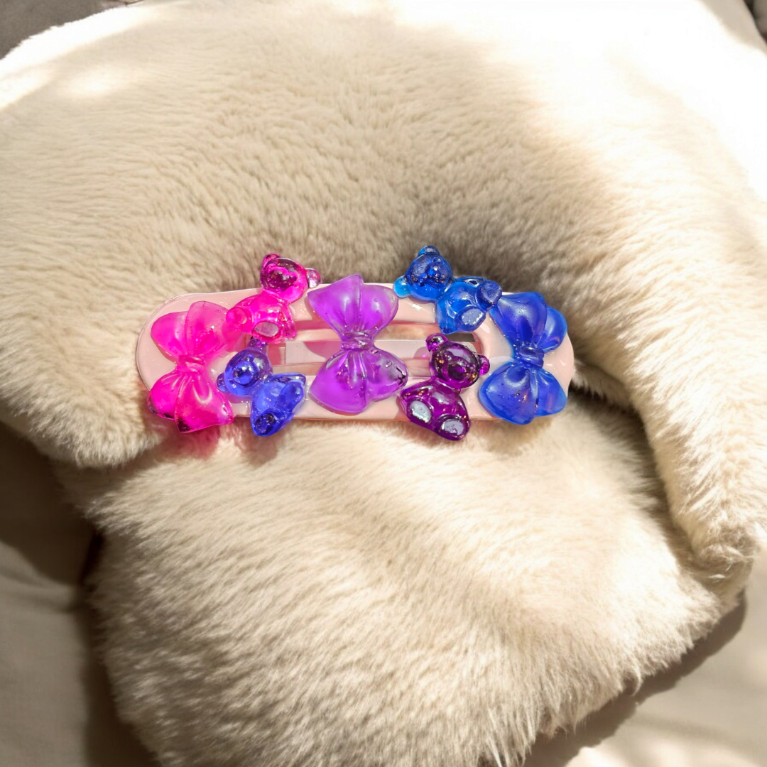 Girlie Delight Hairclip - Colourful Bow Barette, Quirky Bear Head Clasp