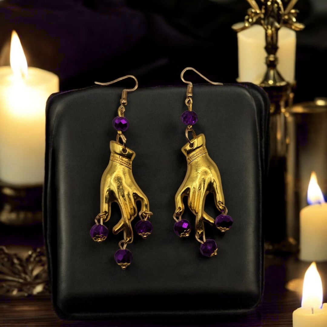 Gold Plated Purple Gem Gypsy Whimsical Earrings - Gothic Halloween Jewelry, Grunge Witchy Ear Accessories